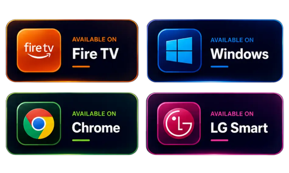 Premium IPTVTiger subscription compatibility with Amazon Fire TV, Windows PC, Google Chrome browser, and LG Smart TV