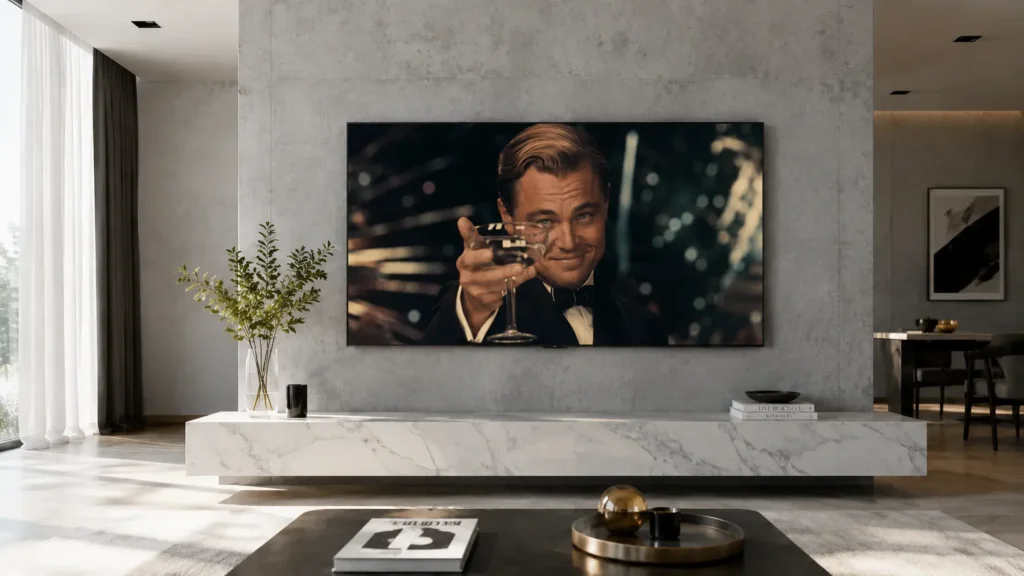 75-inch bezel-less OLED Smart TV streaming a cinematic movie in a modern luxury living room with a white marble TV console.
