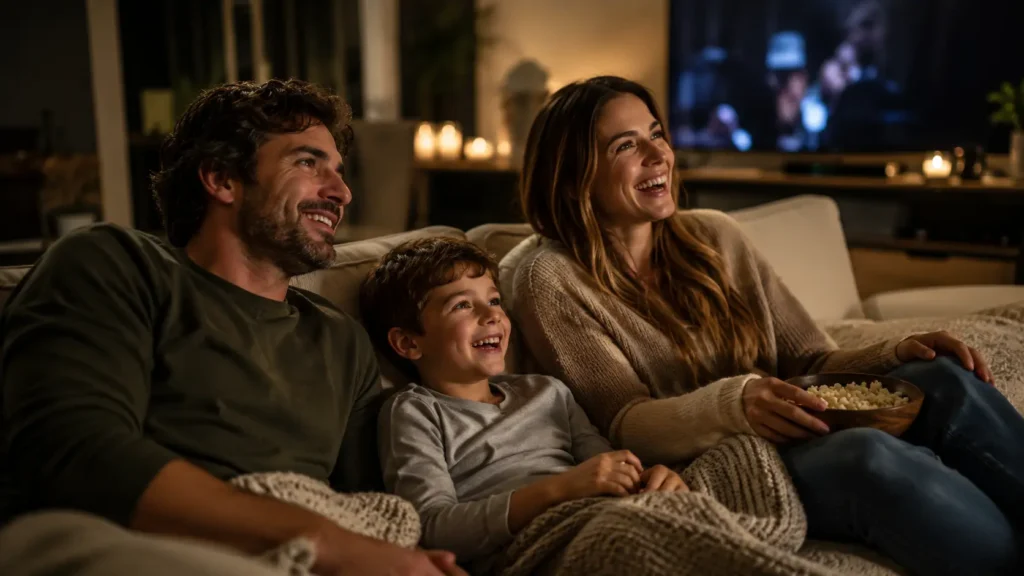 Happy family sitting on a beige sofa watching a movie on a smart TV in a cozy modern living room with warm ambient lighting.