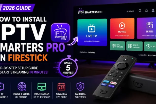 IPTV Smarters Pro installed on Amazon FireStick showing the setup interface and streaming dashboard in a 2026 installation guide.