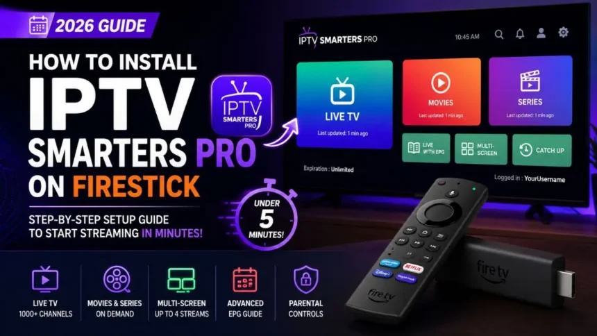IPTV Smarters Pro installed on Amazon FireStick showing the setup interface and streaming dashboard in a 2026 installation guide.